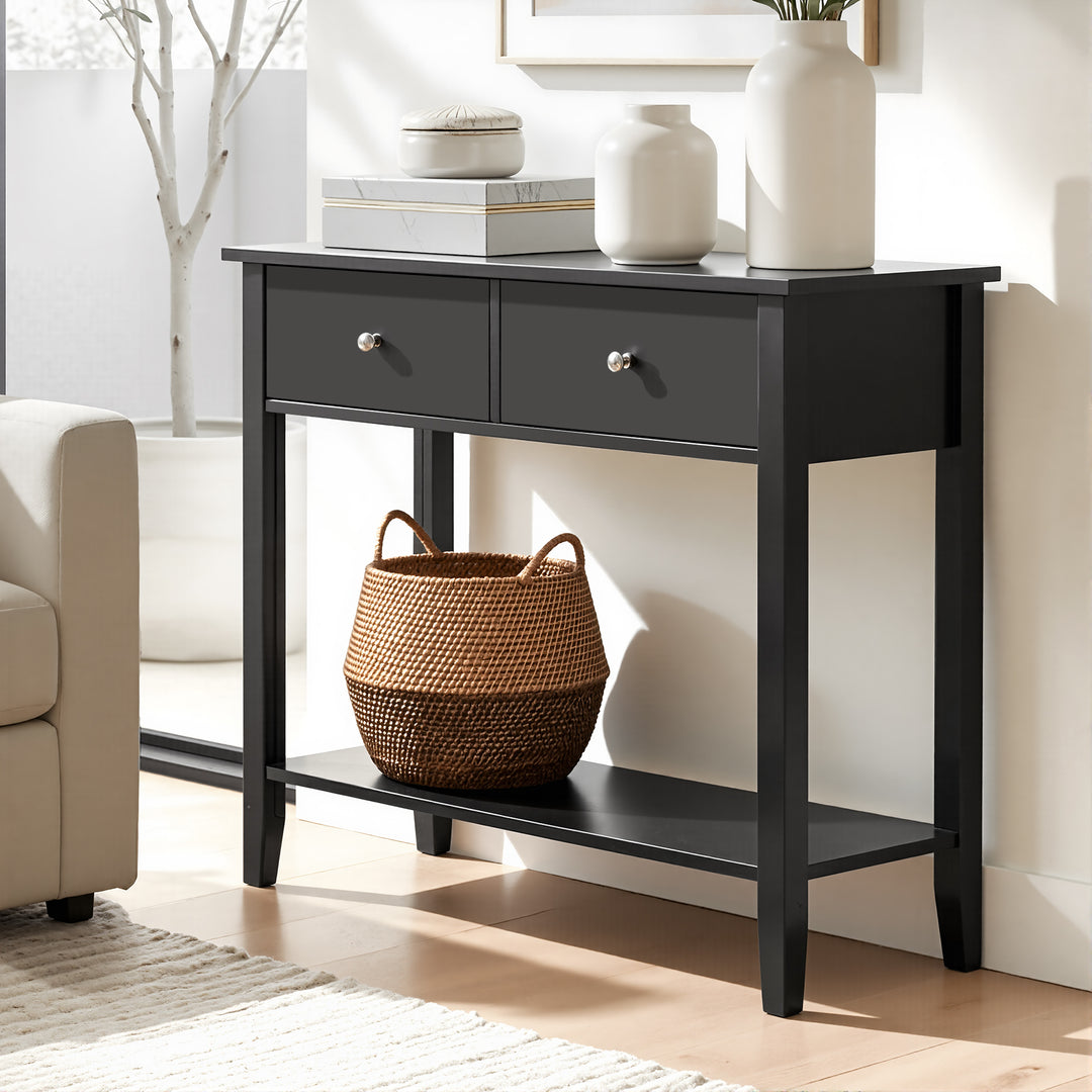Haven Black 2-Drawer Console Table with Shelf