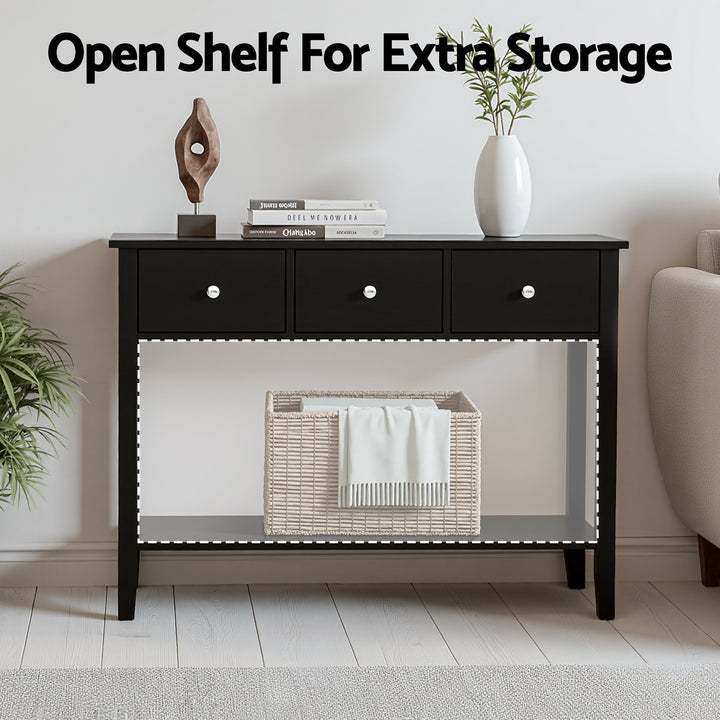 Vintage Black Console Table – 3 Drawers, Open Shelf &amp; Vintage Metal Handles | E1 MDF | NC Paint | 100cm - Greenora Living
