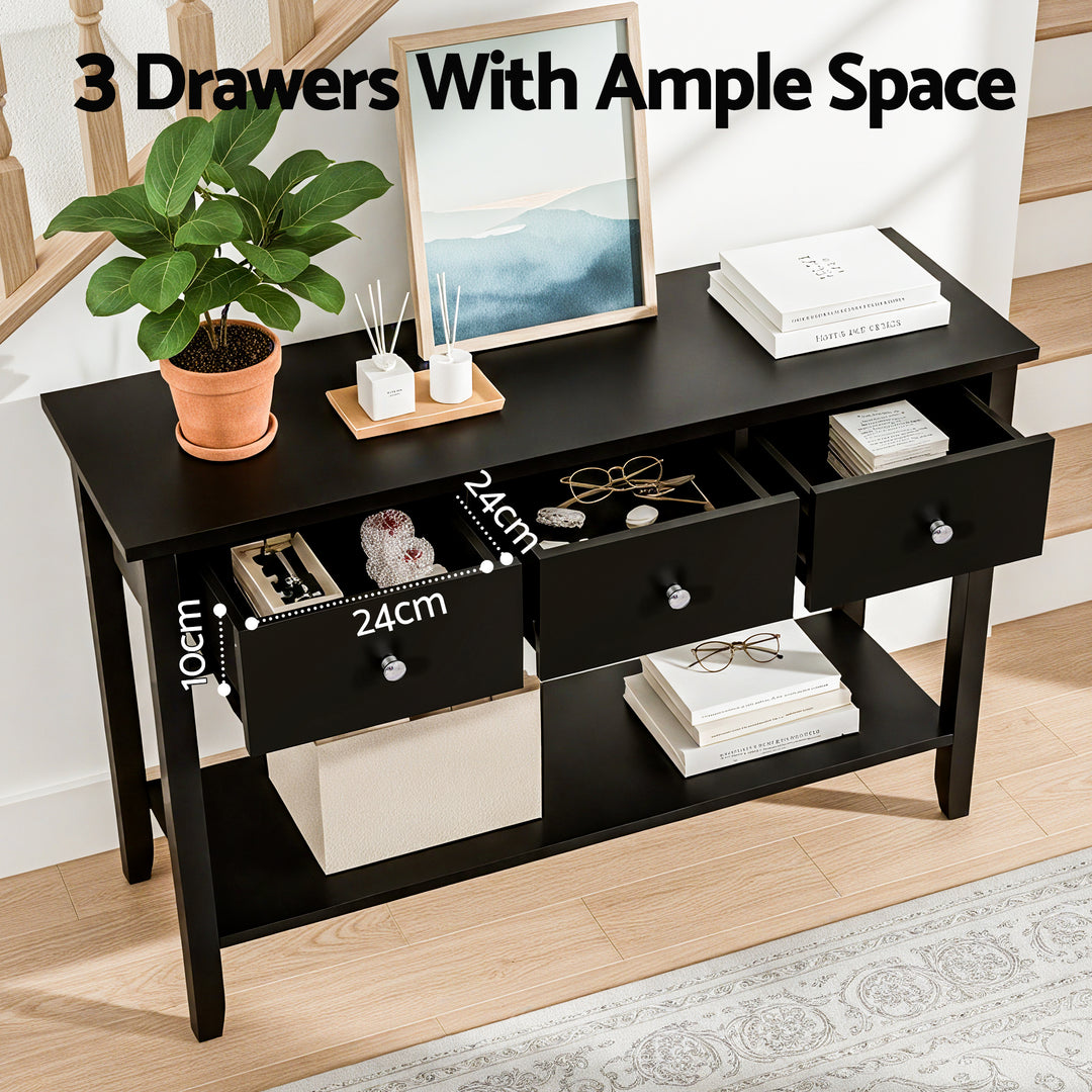 Vintage Black Console Table – 3 Drawers, Open Shelf &amp; Vintage Metal Handles | E1 MDF | NC Paint | 100cm - Greenora Living