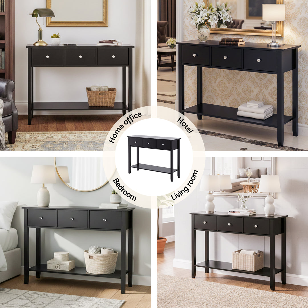 Vintage Black Console Table – 3 Drawers, Open Shelf &amp; Vintage Metal Handles | E1 MDF | NC Paint | 100cm - Greenora Living