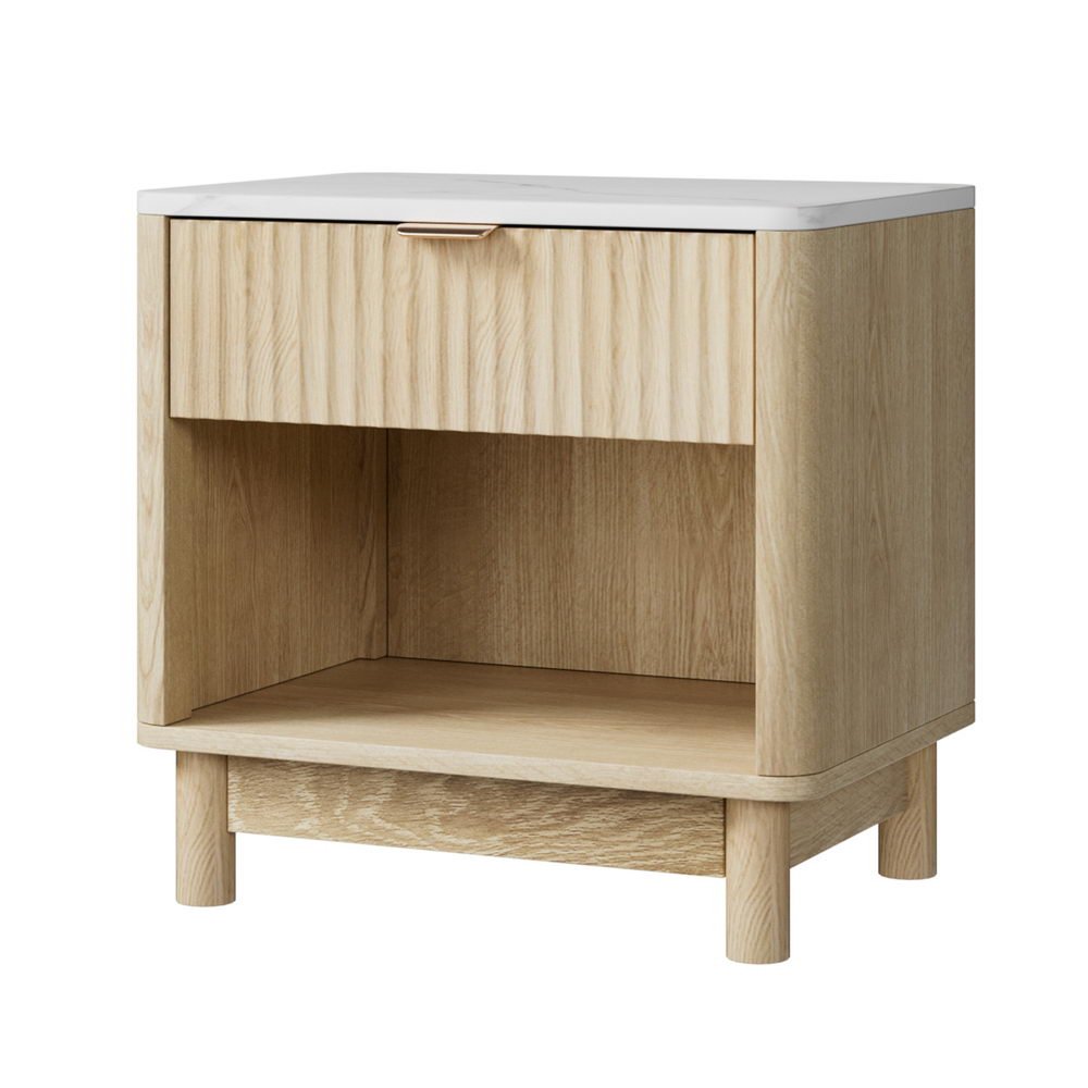 Scandi Pine & White Bedside Table | Drawer, Open Shelf & Tapered Legs | Natural White | Greenora Living Australia