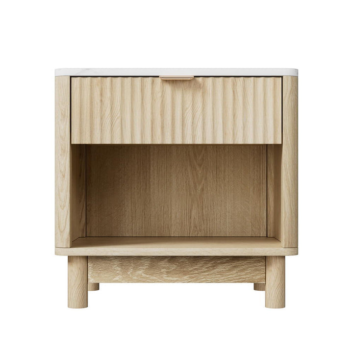 Scandi Pine &amp; White Bedside Table – Groove Drawer, Open Shelf &amp; Pine Legs - Greenora Living