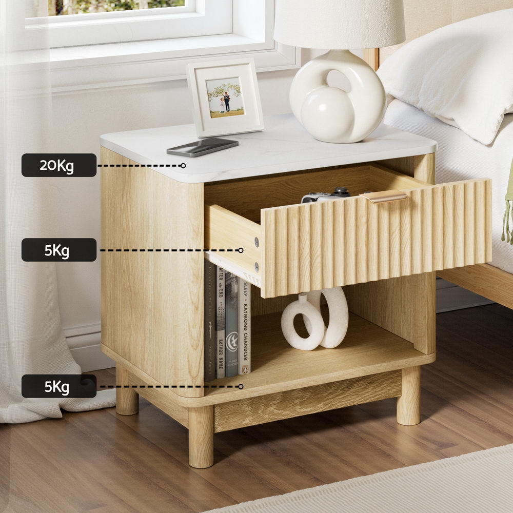 Scandi Pine &amp; White Bedside Table – Groove Drawer, Open Shelf &amp; Pine Legs - Greenora Living