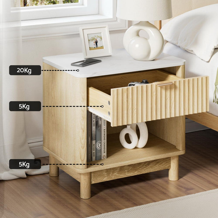 Scandi Pine &amp; White Bedside Table – Groove Drawer, Open Shelf &amp; Pine Legs - Greenora Living