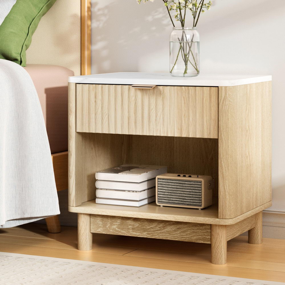 Scandi Pine &amp; White Bedside Table – Groove Drawer, Open Shelf &amp; Pine Legs - Greenora Living