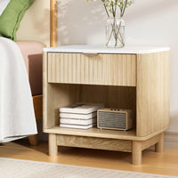 Scandi Pine & White Bedside Table | Drawer, Open Shelf & Tapered Legs | Natural White | Greenora Living Australia
