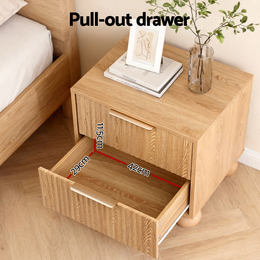 Coastal Rattan-Style Pine Bedside Table – 2 Drawers &amp; Metal Handles - Greenora Living