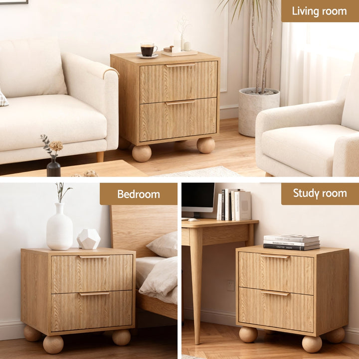 Coastal Rattan-Style Pine Bedside Table – 2 Drawers &amp; Metal Handles - Greenora Living