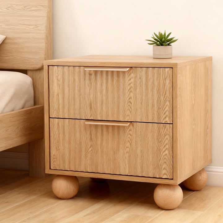 Coastal Rattan-Style Pine Bedside Table – 2 Drawers &amp; Metal Handles - Greenora Living