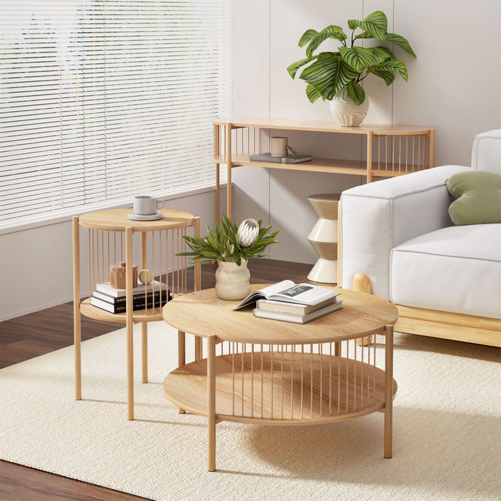 Nora Round 2-Tier Side Table Set of 2 – Natural – product view 2