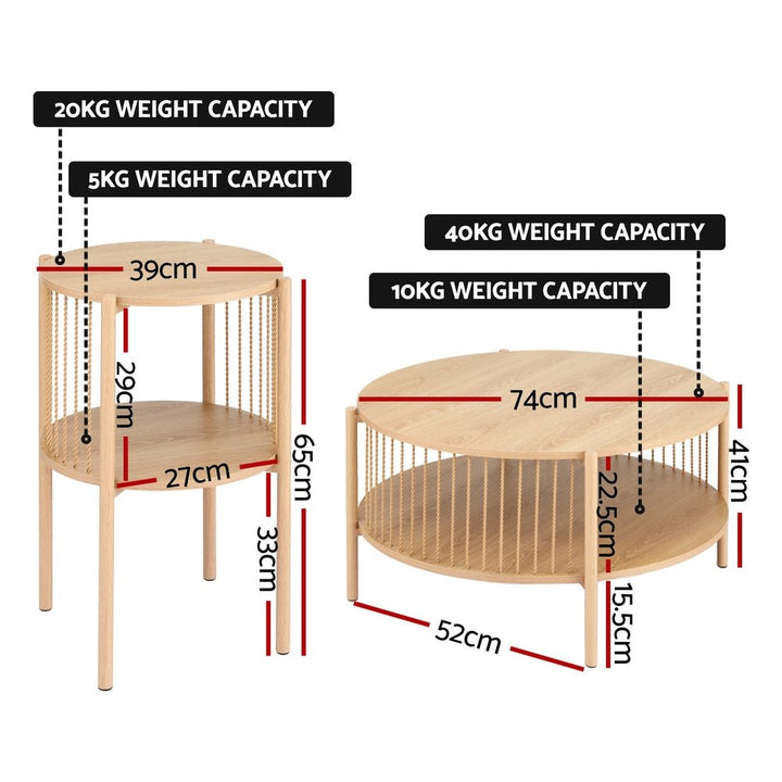Nora 2-Piece Round Coffee Table Set – Natural Wood – product view 4