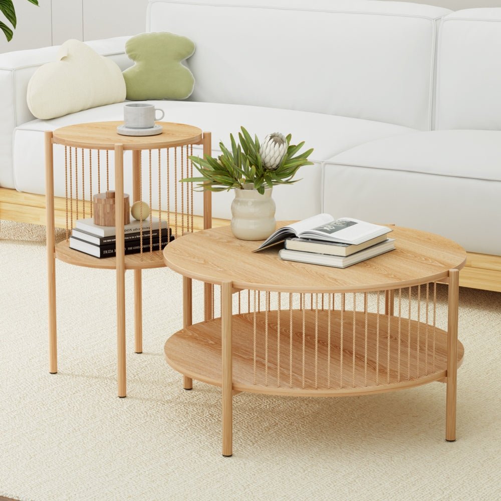 Nora 2-Piece Round Coffee Table Set – Natural Wood
