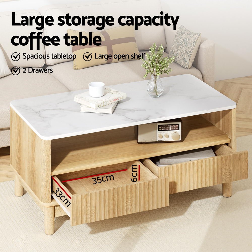 Sienna Marble-Effect Storage Coffee Table – White &amp; Natural – product view 2