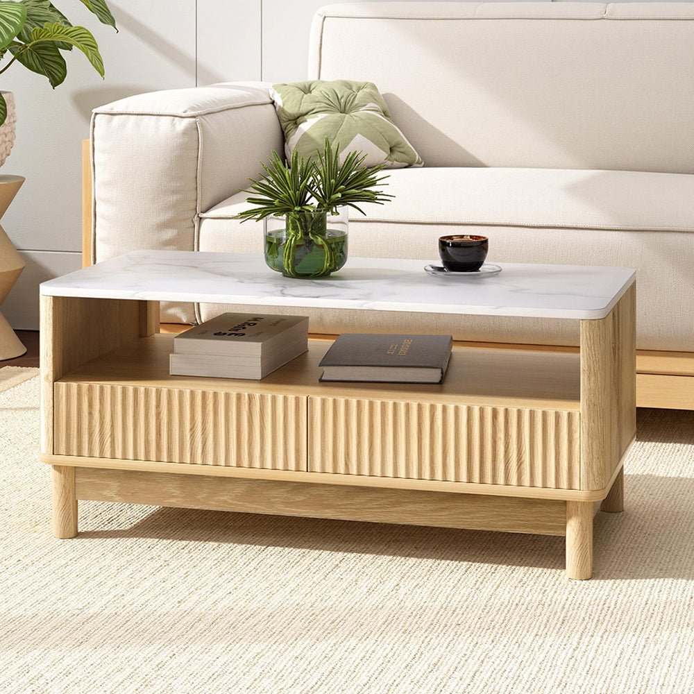 Sienna Marble-Effect Storage Coffee Table – White & Natural