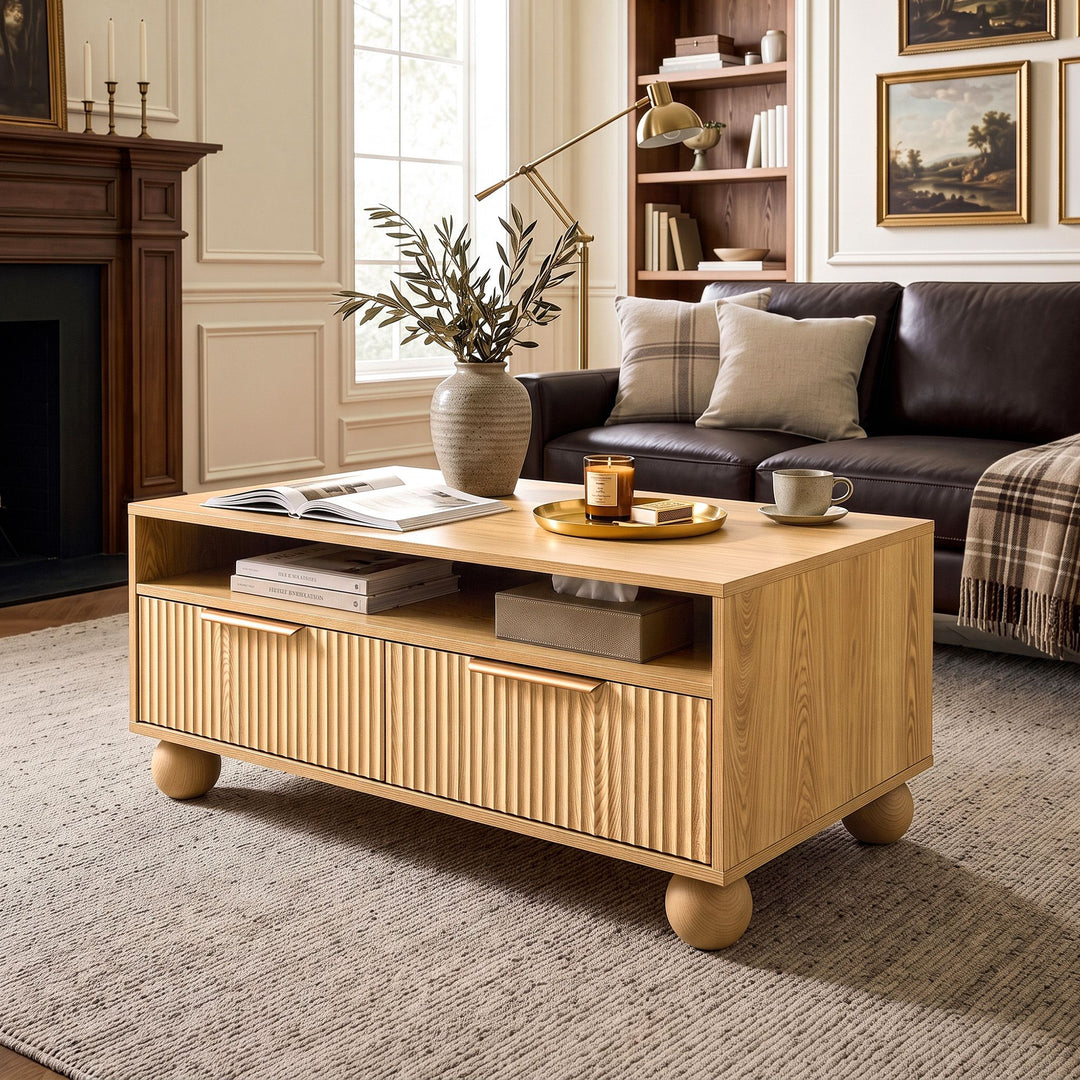 Elara 90cm Fluted Storage Coffee Table – Natural