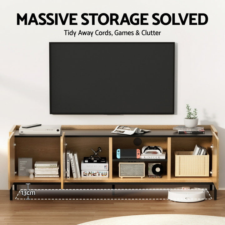Smart Pine TV Entertainment Unit – 3 Soft-Close Cabinets &amp; Cable Management | 160cm | Pine &amp; Black - Greenora Living