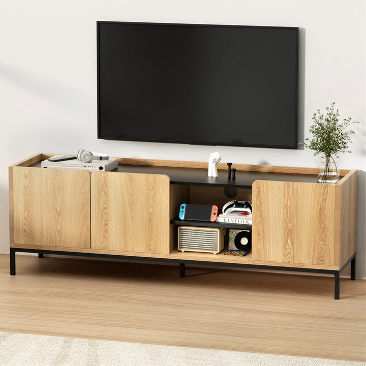 Smart Pine TV Entertainment Unit – 3 Soft-Close Cabinets &amp; Cable Management | 160cm | Pine &amp; Black - Greenora Living