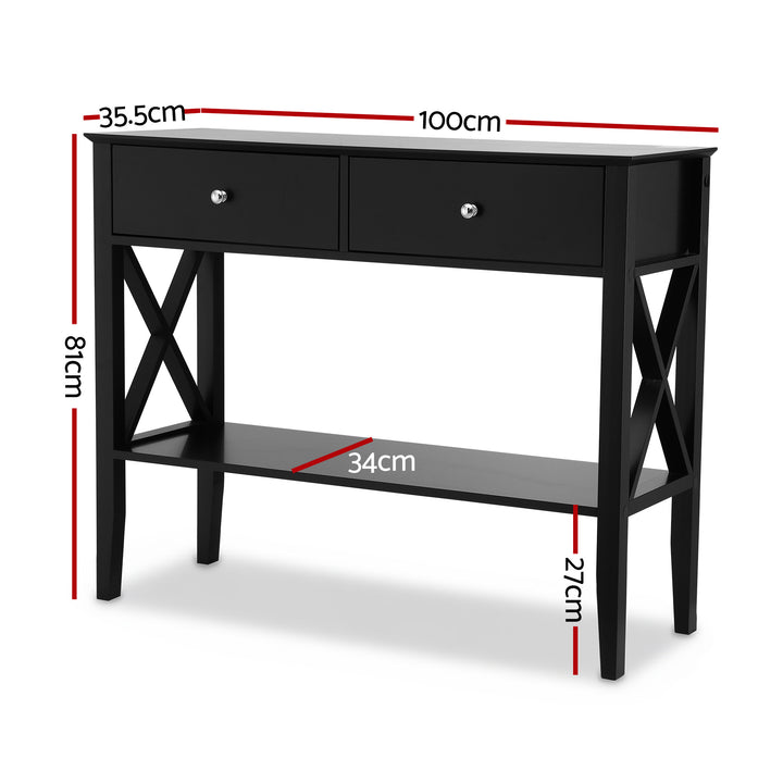 Noir Console Table – 2 Drawers, 2-Tier Open Shelf &amp; Vintage Metal Handles | E1 MDF | NC Paint | 100cm | Black - Greenora Living