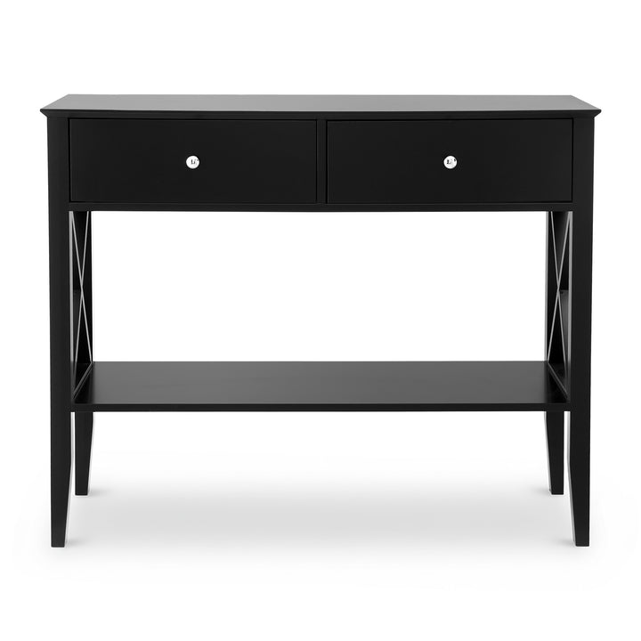 Noir Console Table – 2 Drawers, 2-Tier Open Shelf &amp; Vintage Metal Handles | E1 MDF | NC Paint | 100cm | Black - Greenora Living
