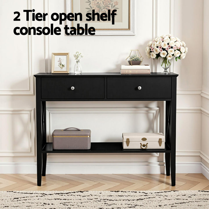 Noir Console Table – 2 Drawers, 2-Tier Open Shelf &amp; Vintage Metal Handles | E1 MDF | NC Paint | 100cm | Black - Greenora Living