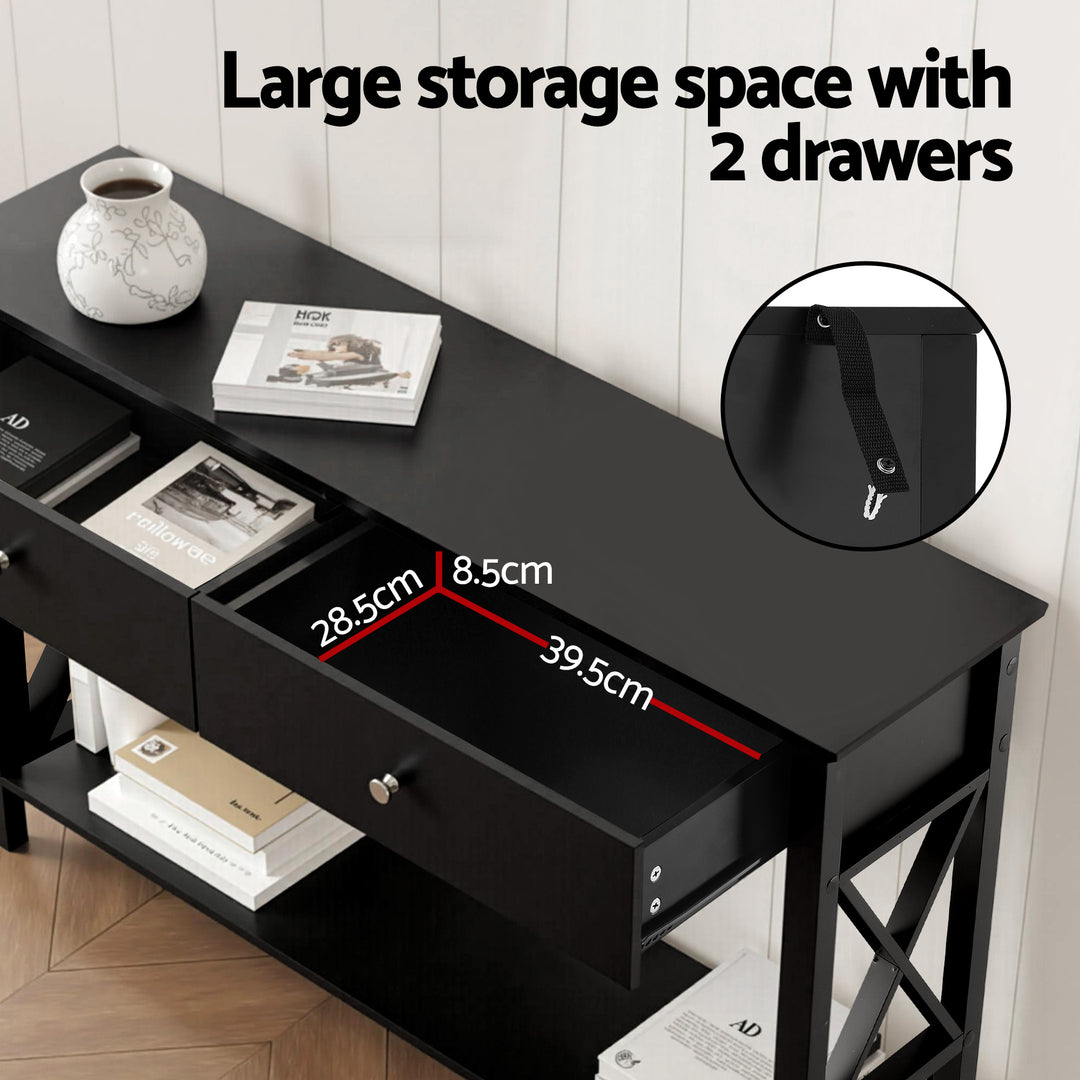 Noir Console Table – 2 Drawers, 2-Tier Open Shelf &amp; Vintage Metal Handles | E1 MDF | NC Paint | 100cm | Black - Greenora Living