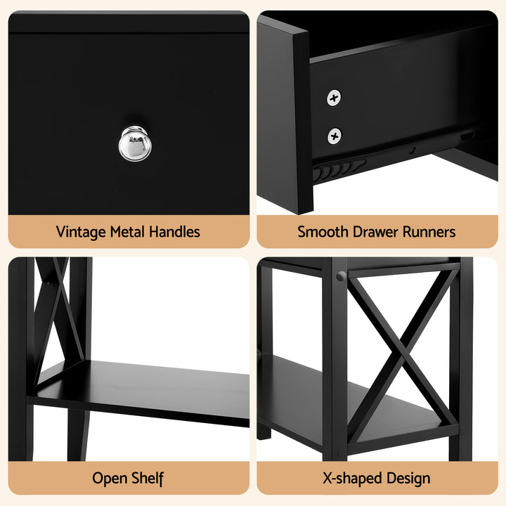 Noir Console Table – 2 Drawers, 2-Tier Open Shelf &amp; Vintage Metal Handles | E1 MDF | NC Paint | 100cm | Black - Greenora Living