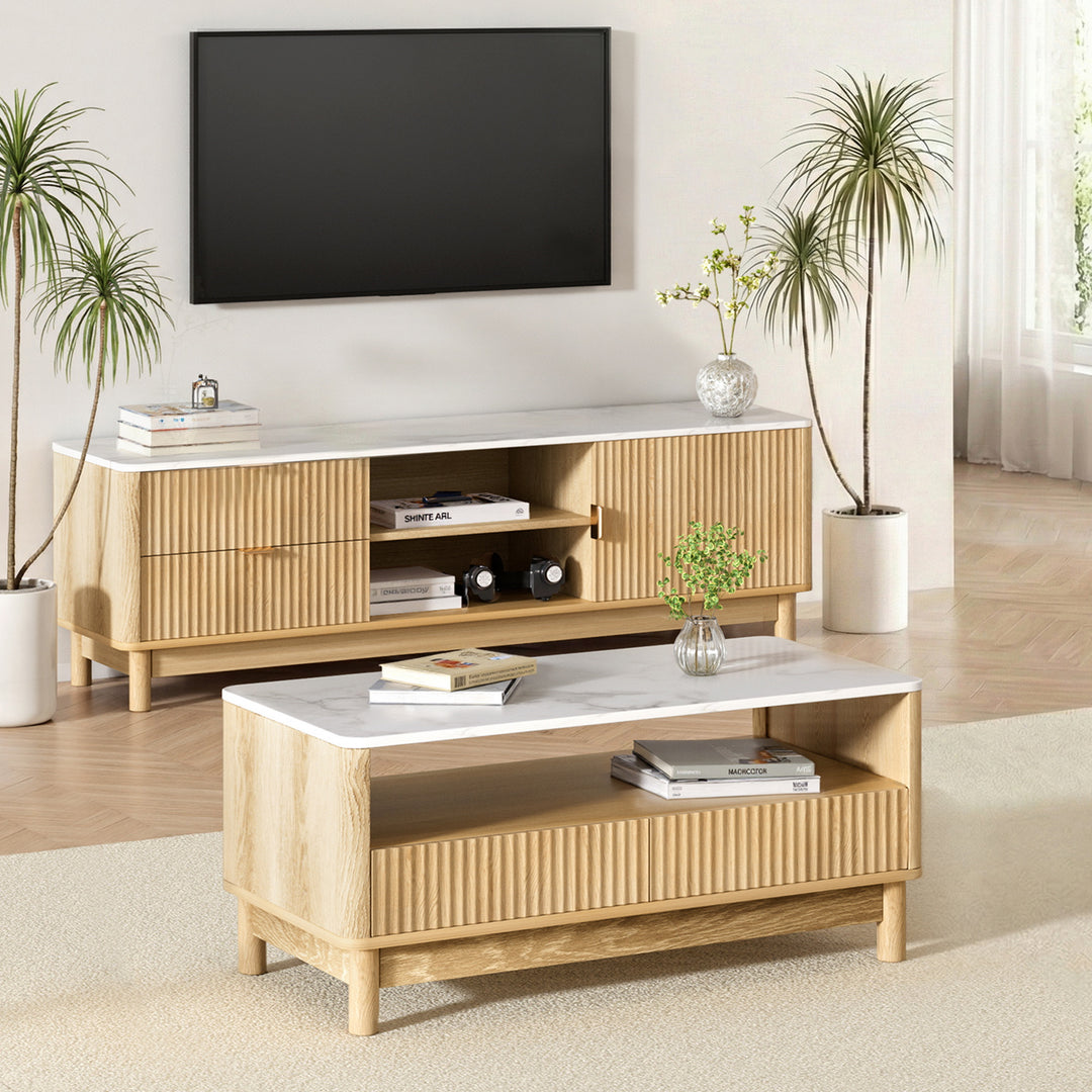 Marble Grove Pine TV Unit & Coffee Table Set – Fluted Doors & Marble-Effect Top - Greenora Living