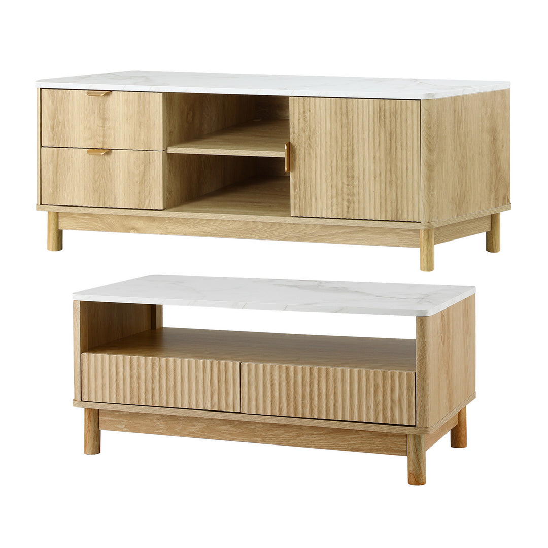 Marble Grove Pine TV Unit &amp; Coffee Table Set – Fluted Doors &amp; Marble-Effect Top - Greenora Living