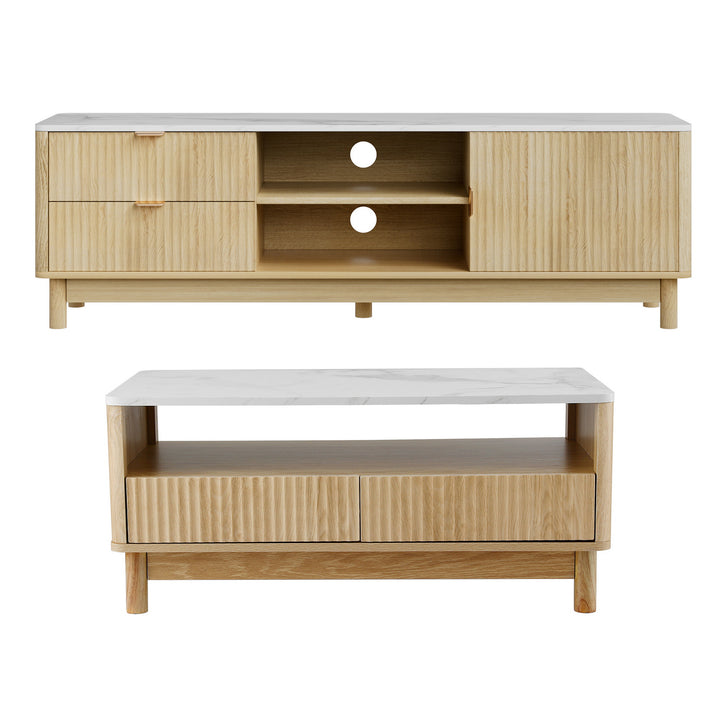 Marble Grove Pine TV Unit &amp; Coffee Table Set – Fluted Doors &amp; Marble-Effect Top - Greenora Living