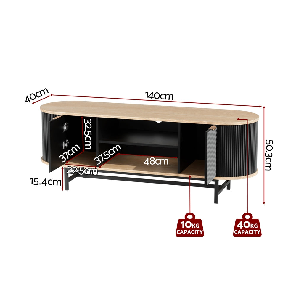 Nordic Black TV Entertainment Unit – 2 Soft-Close Cabinets &amp; Open Shelves | 140cm | Black &amp; Pine - Greenora Living