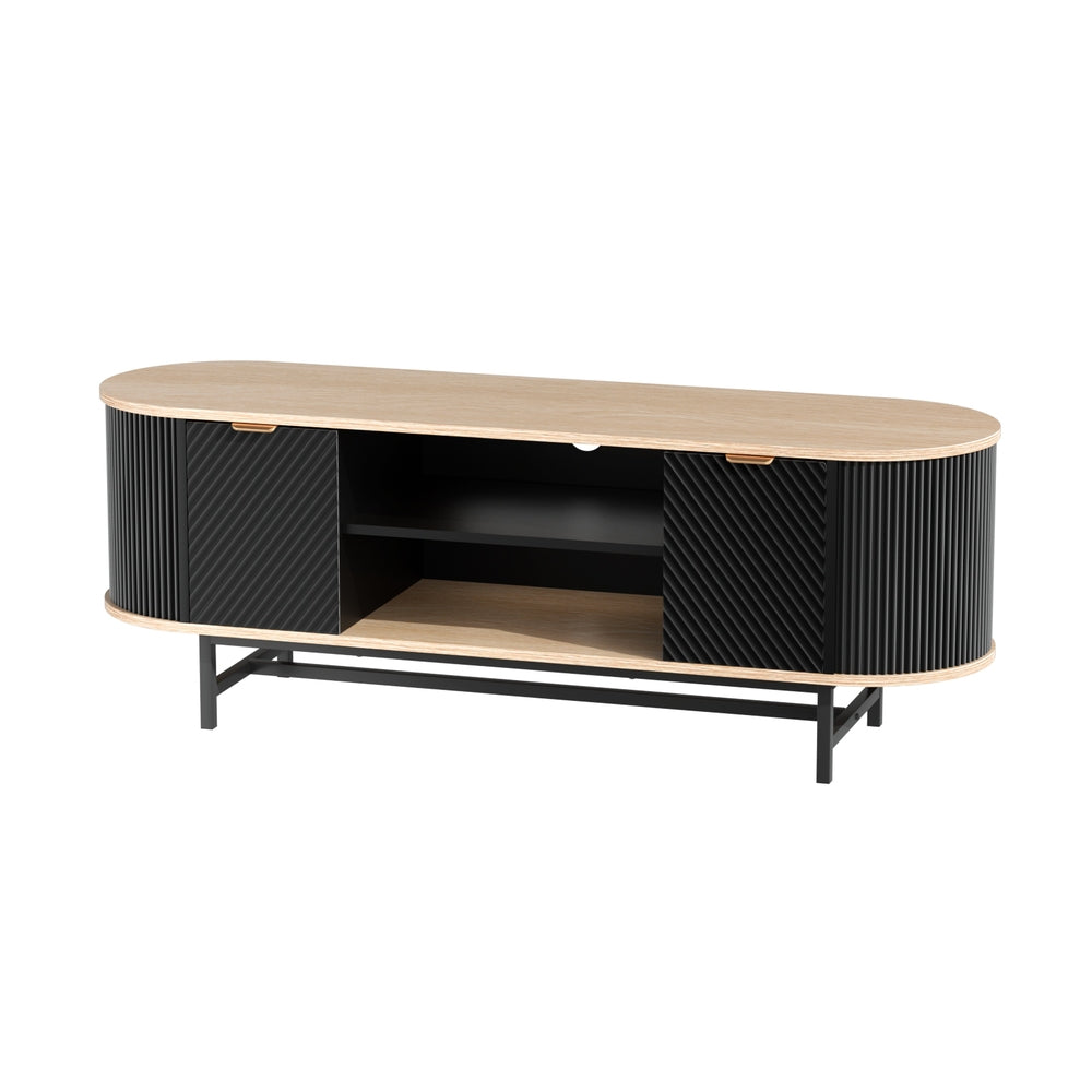 Nordic Black TV Entertainment Unit – 2 Soft-Close Cabinets &amp; Open Shelves | 140cm | Black &amp; Pine - Greenora Living