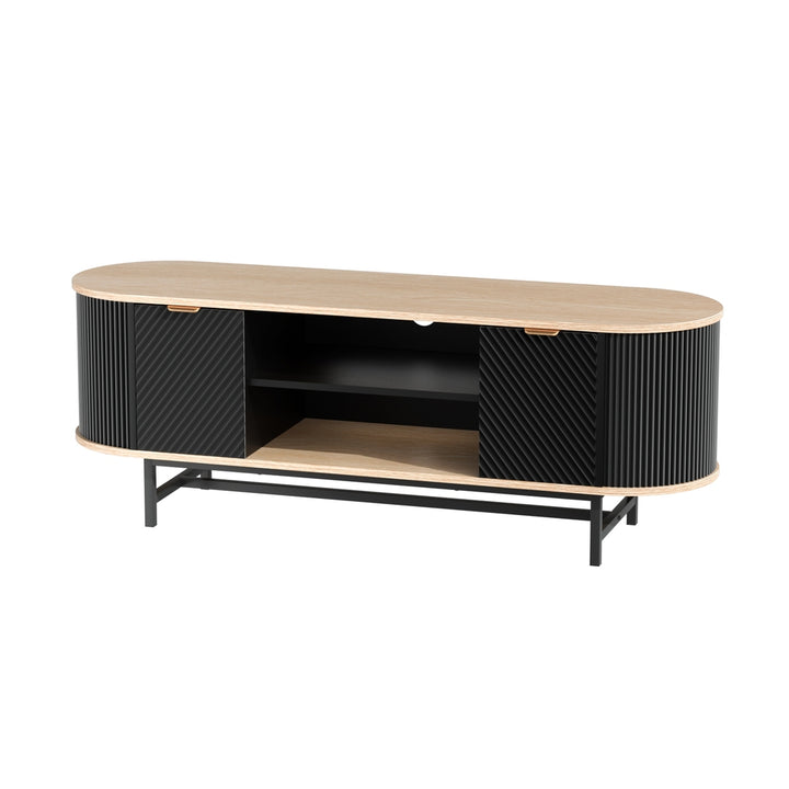 Nordic Black TV Entertainment Unit – 2 Soft-Close Cabinets &amp; Open Shelves | 140cm | Black &amp; Pine - Greenora Living