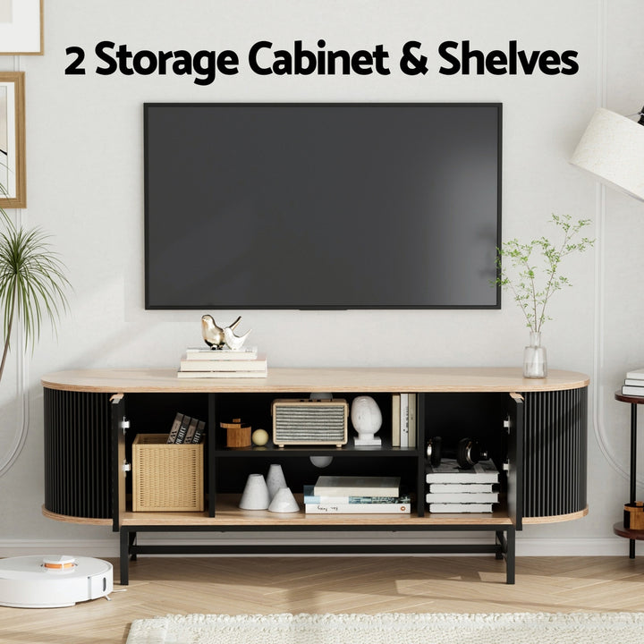 Nordic Black TV Entertainment Unit – 2 Soft-Close Cabinets &amp; Open Shelves | 140cm | Black &amp; Pine - Greenora Living