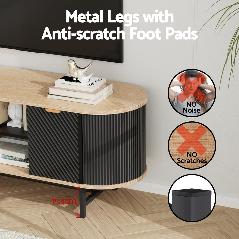 Nordic Black TV Entertainment Unit – 2 Soft-Close Cabinets &amp; Open Shelves | 140cm | Black &amp; Pine - Greenora Living