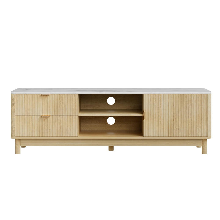 Riviera Pine 150cm Fluted TV Unit – 2 Drawers &amp; Marble-Effect Top | White &amp; Pine - Greenora Living