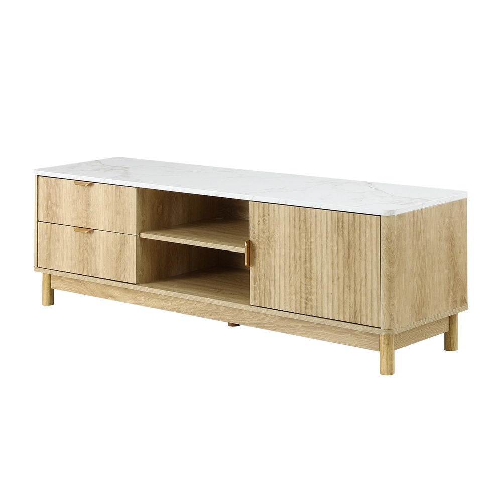 Riviera Pine 150cm Fluted TV Unit – 2 Drawers &amp; Marble-Effect Top | White &amp; Pine - Greenora Living