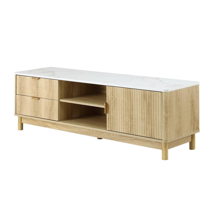 Riviera Pine 150cm Fluted TV Unit – 2 Drawers &amp; Marble-Effect Top | White &amp; Pine - Greenora Living