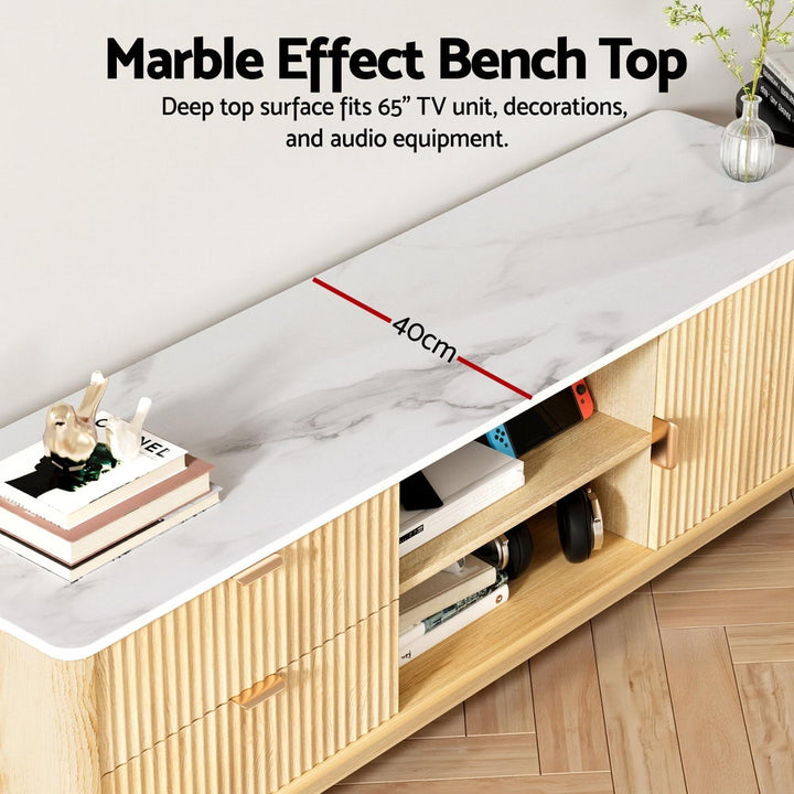 Riviera Pine 150cm Fluted TV Unit – 2 Drawers &amp; Marble-Effect Top | White &amp; Pine - Greenora Living