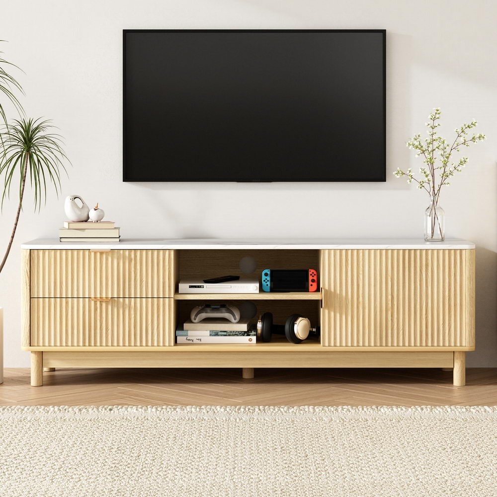 Riviera Pine 150cm Fluted TV Unit – 2 Drawers & Marble-Effect Top | White & Pine - Greenora Living
