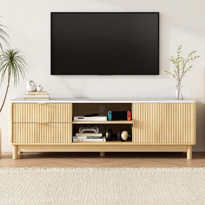 Riviera Pine 150cm Fluted TV Unit – 2 Drawers &amp; Marble-Effect Top | White &amp; Pine - Greenora Living