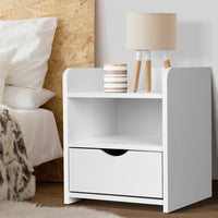 Compact Bedside Table with Drawer & Open Shelves – White 15mm LDF Board - Greenora Living