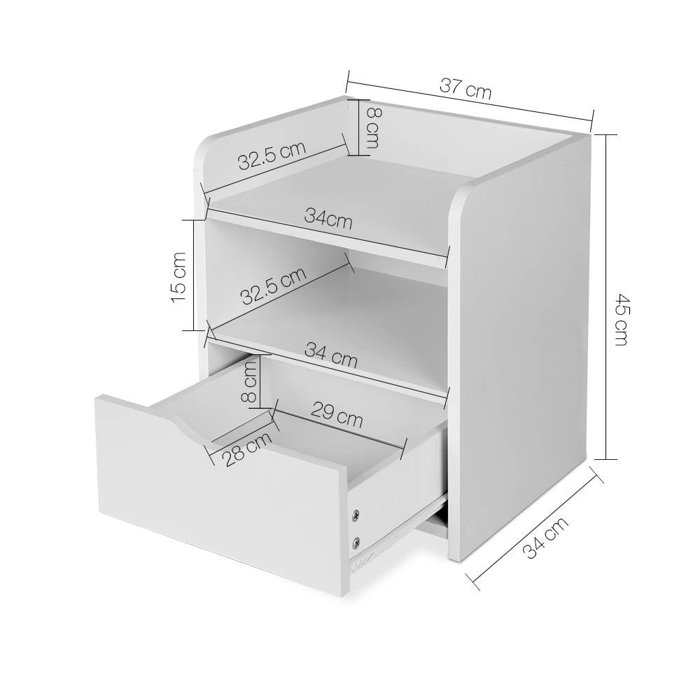 Compact Bedside Table with Drawer & Open Shelves – White 15mm LDF Board - Greenora Living