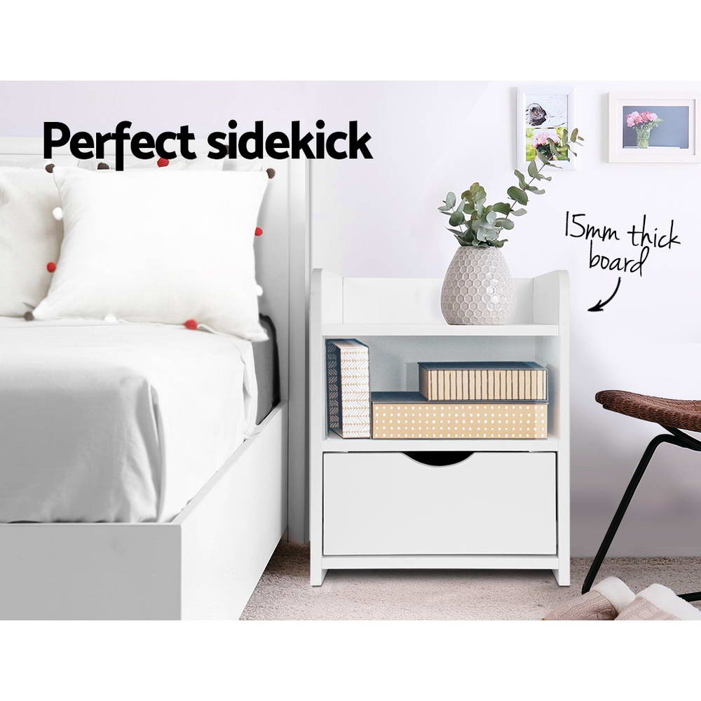 Compact Bedside Table with Drawer &amp; Open Shelves – White 15mm LDF Board - Greenora Living