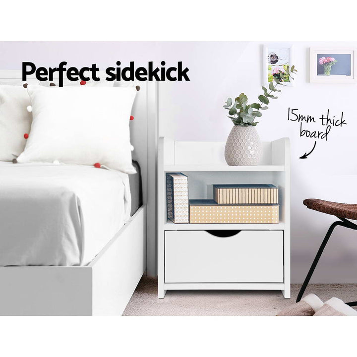Compact Bedside Table with Drawer &amp; Open Shelves – White 15mm LDF Board - Greenora Living
