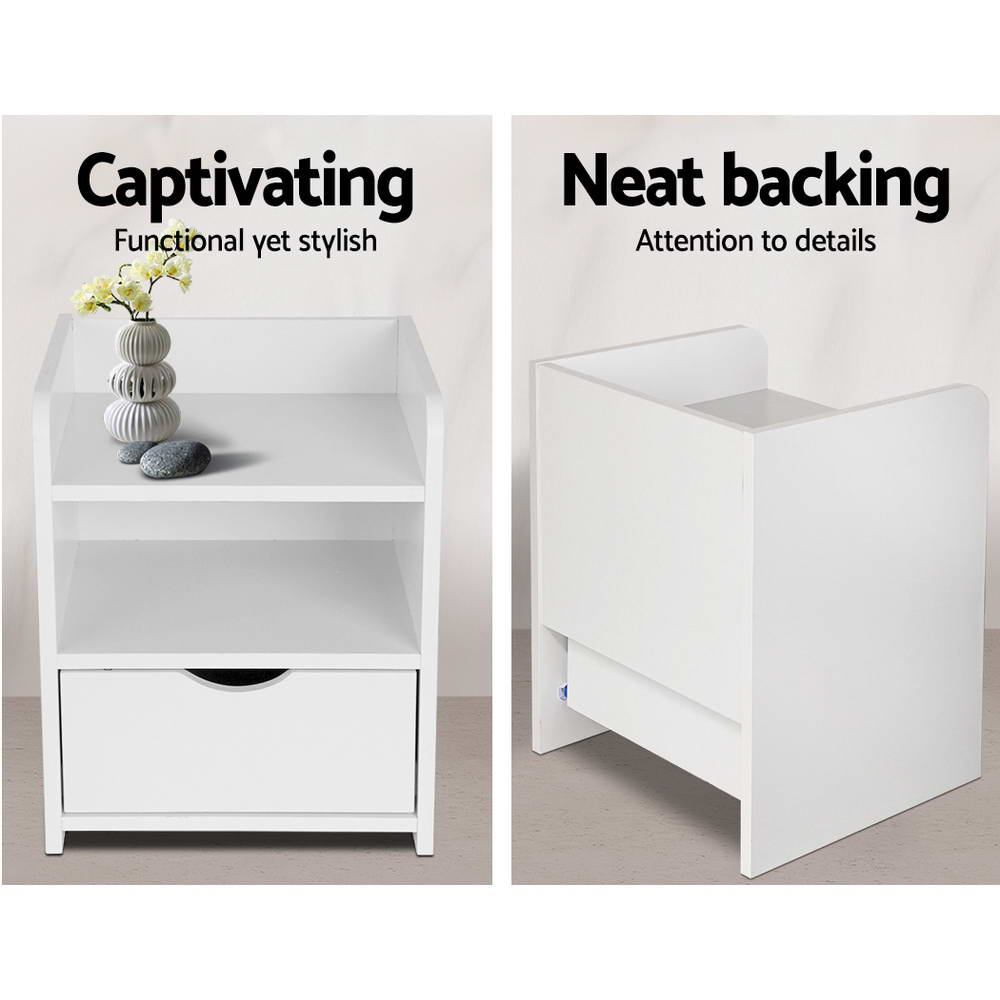 Compact Bedside Table with Drawer &amp; Open Shelves – White 15mm LDF Board - Greenora Living