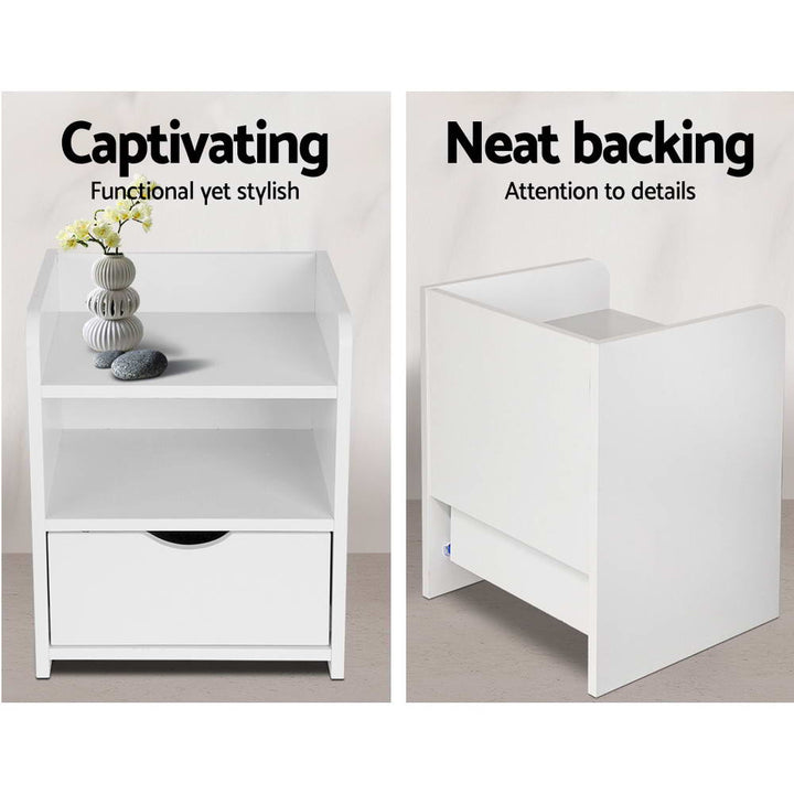 Compact Bedside Table with Drawer &amp; Open Shelves – White 15mm LDF Board - Greenora Living