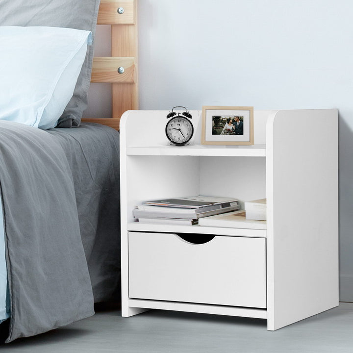 Compact Bedside Table with Drawer &amp; Open Shelves – White 15mm LDF Board - Greenora Living
