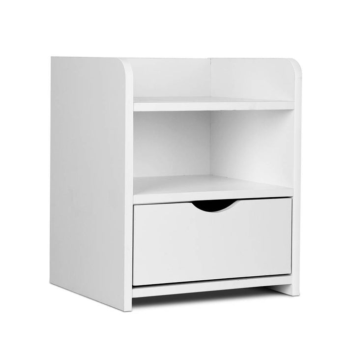 Compact Bedside Table with Drawer &amp; Open Shelves – White 15mm LDF Board - Greenora Living