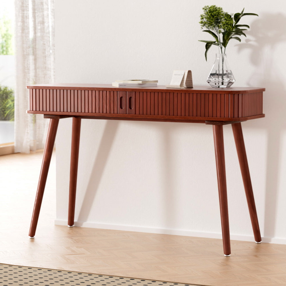 Flute Walnut Console Table – Sliding Fluted Doors, 2 Storage Cabinets & Pinewood Legs | Paper Veneer | 120cm - Greenora Living