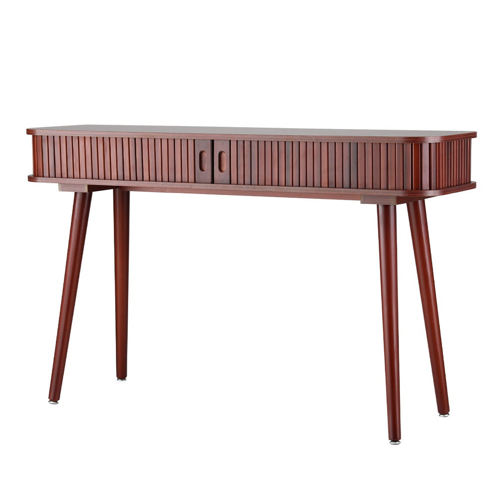 Flute Walnut Console Table – Sliding Fluted Doors, 2 Storage Cabinets & Pinewood Legs | Paper Veneer | 120cm - Greenora Living